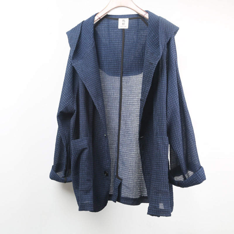 夏季外套男薄款设计感小众格子棉麻薄透防晒衣长袖潮宽松连帽风衣