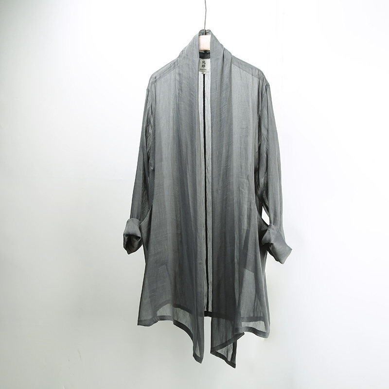 日系亚麻外套男中长款薄款防晒透气丝麻中国风潮复古开衫夏季风衣