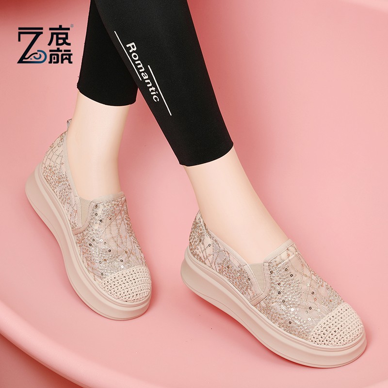 莆田纯原蕾丝网面透气内增高渔夫鞋女厚底2025夏薄款镂空布鞋小码