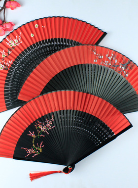 双面红色舞蹈扇子好开合女式汉服旗袍全竹古风镂空复古中国风折扇