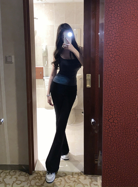 「少量现货」韩雨嘉黑色高腰微喇马蹄裤女秋冬加绒紧身显瘦弹力裤