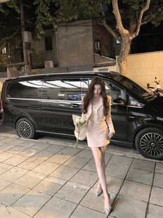 甜贵迷人小香粗花呢立体裁剪西装 外套高腰半裙套装 巴黎粉调