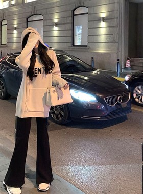 韩雨嘉黑色高腰开叉西装喇叭长裤女春夏休闲显瘦皮质西装微喇长裤