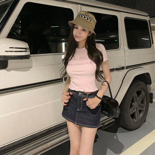 深蓝色明线牛仔裙裤高腰