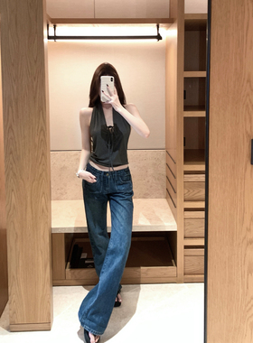 「现货」【古着私裤】复古蓝色低腰牛仔裤女秋百搭宽松直筒长裤子