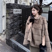 韩雨嘉 韩女棕色环保水貂毛立领皮草外套女冬披肩斗篷 Lausanne