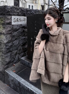韩雨嘉【Lausanne】韩女棕色环保水貂毛立领皮草外套女冬披肩斗篷