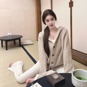 C老钱 羊毛花纱 韩雨嘉 奶茶棕色针织开衫 秋冬连帽毛衣外套