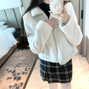 韓雨嘉棕色立領羊羔毛外套女秋冬2022新款 顆粒絨毛毛外衣 機車短款