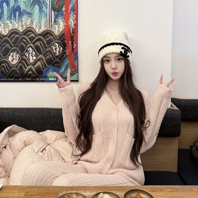 韩雨嘉【软绵绵家居系列】婴儿蓝少女粉长袖居家外出保暖睡衣套装