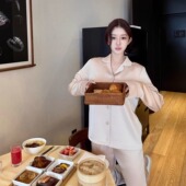 韩雨嘉 缎面睡衣套装 加绒婴儿触感 粉色银狐加绒家居服女秋冬季