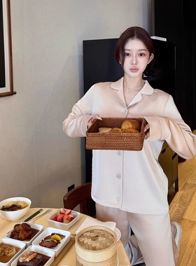 韩雨嘉【加绒婴儿触感】粉色银狐加绒家居服女秋冬季缎面睡衣套装