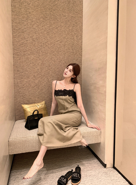 韩雨嘉【极简舒适】气质感拼蕾丝长裙女秋宽松显瘦松弛感连衣裙