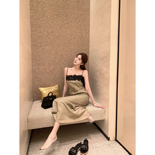 天丝亚麻蕾丝吊带长裙