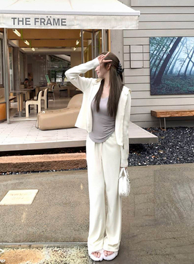 韩雨嘉白色bf慵懒风宽松直筒休闲裤女秋季垂感高级感针织拖地裤子