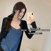 极简row感 黑色圆领长袖 针织衫 韩雨嘉 女质感宽松显瘦开衫 外套