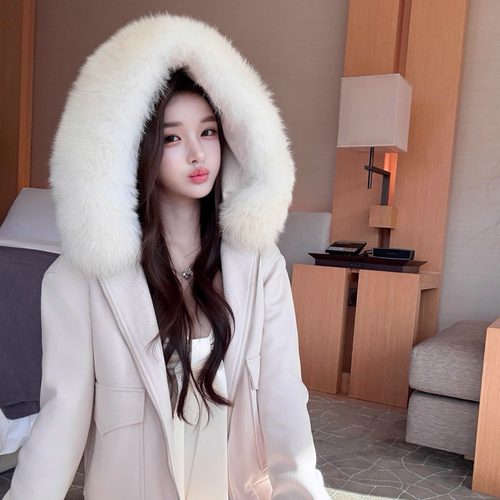 韩雨嘉【Yves Salom*经典款】雾樱粉 可拆卸连帽毛领棉服毛呢外套