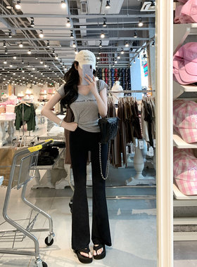 韩雨嘉黑色高腰防晒喇叭裤女夏季轻薄修身显瘦凉凉面膜裤休闲长裤