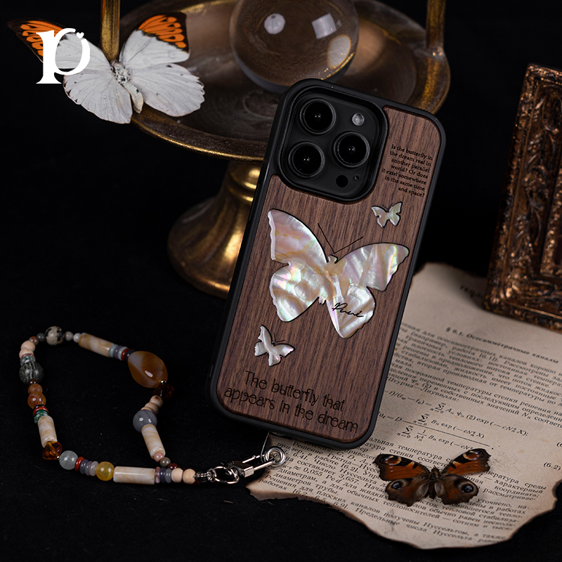 Puui原创适用苹果17pro实木手机壳个性iphone16promax手机壳高级17promax木质苹果15promax贝壳纹带链条ins