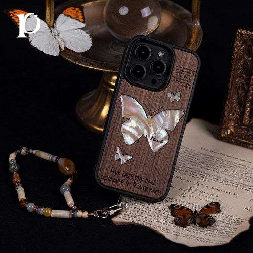 Puui原创适用苹果16pro实木手机壳个性iphone16promax手机壳高级木质苹果15promax贝壳纹带链条ins
