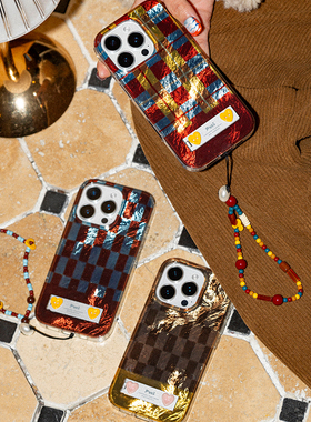 Puui原创适用苹果15 16简约格纹手机壳苹果质感复古iphone秋冬带链条支架闪金手机壳