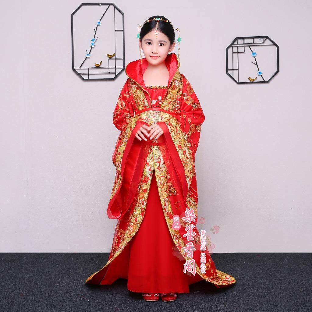 儿童古装女唐朝贵妃皇后宫廷红色拖尾绣花公主古代汉服舞台演出服
