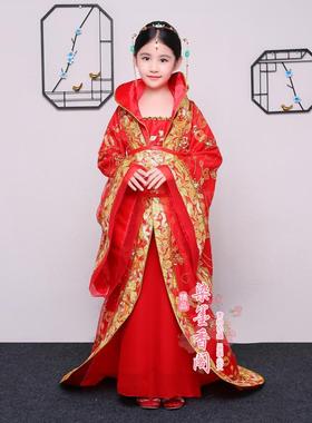 儿童古装女唐朝贵妃皇后宫廷红色拖尾绣花公主古代汉服舞台演出服