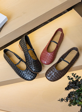 头层牛皮单鞋女浅口2026新款真皮手工编制一脚蹬平底气质玛丽珍鞋