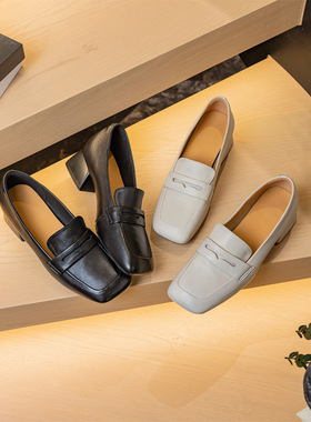 头层羊皮真皮乐福鞋女2026新款方头软底粗跟英伦风气质百搭小皮鞋