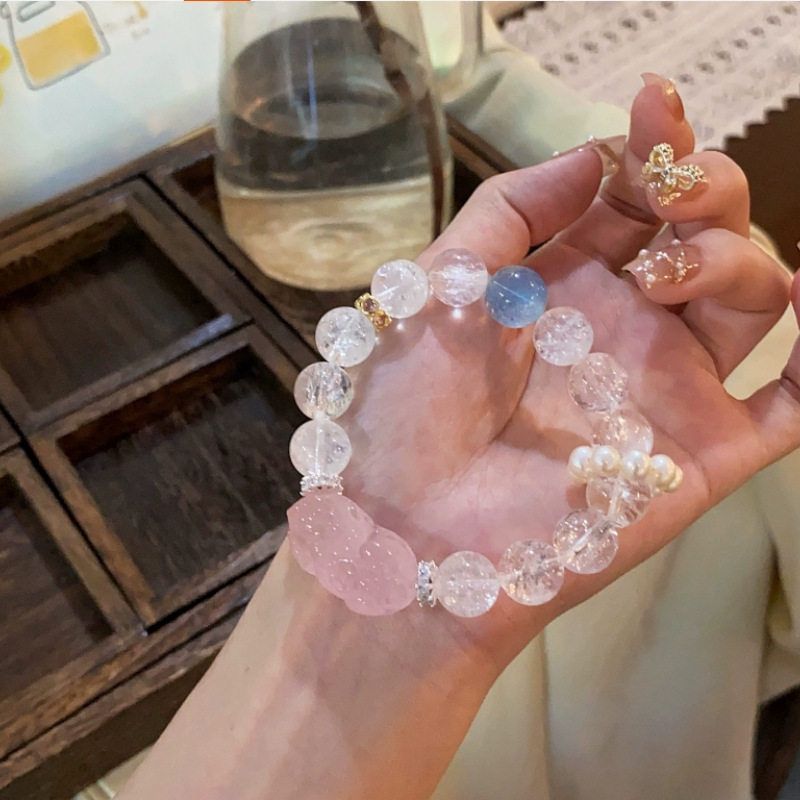 天然粉水晶貔貅手链白阿塞海蓝宝手链淡水珍珠手串小众设计首饰礼