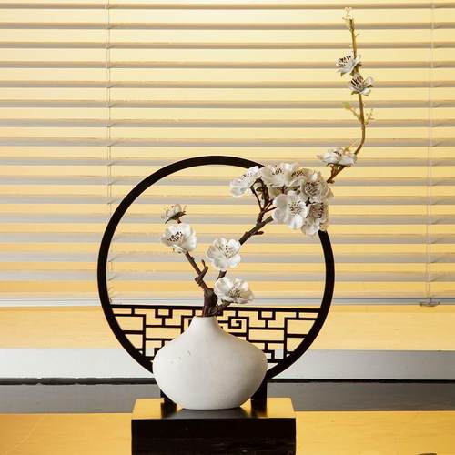 高档木制古风屏风摆件梅花仿真花家居玄关客厅酒柜创意假花装饰品