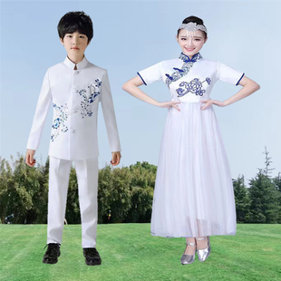 出租儿童白色青花瓷礼服套装春秋成人大合唱演出服学生合唱团毕业