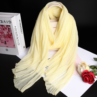 洋气韩国压皱真丝围巾女显白时尚桑蚕丝纱巾气质丝巾淡鹅黄色披肩