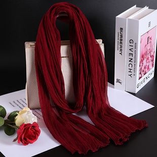 100%桑蚕丝经典纯色优雅气质女丝巾真丝长款围巾纱巾披肩枣酒红色