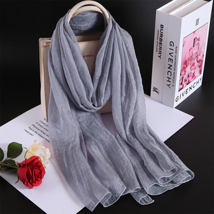韩版气质丝巾真丝长款百搭围巾女纯色围脖秋冬护脖子保暖灰色披肩