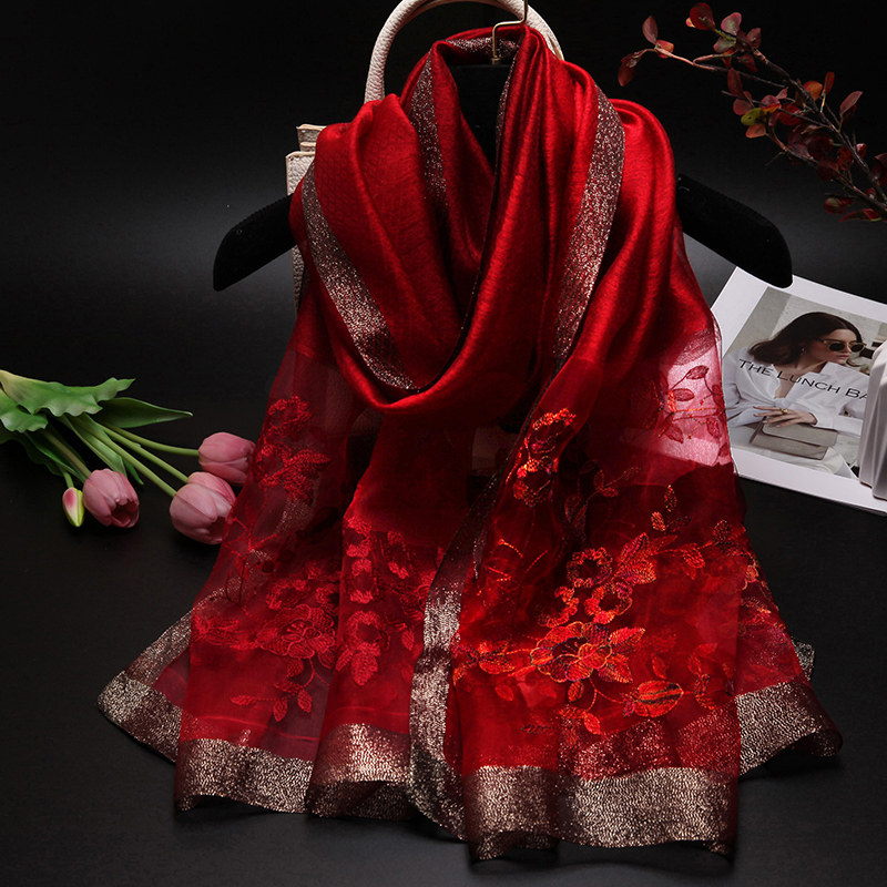 高档精致刺绣花桑蚕丝巾女士春秋百搭旗袍酒红色长款围巾披肩外搭