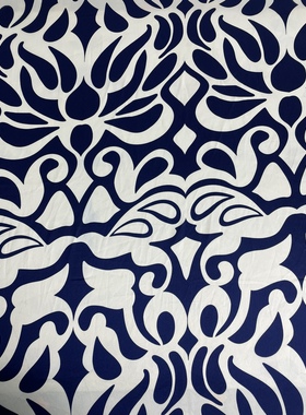 G14白色底蓝色抽象印花缎面雪纺布头 柔软垂坠透气连衣裙旗袍面料