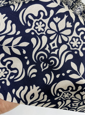 G21夏季蓝色底印花缎面雪纺布头 柔软垂坠透气上衣旗袍连衣裙面料