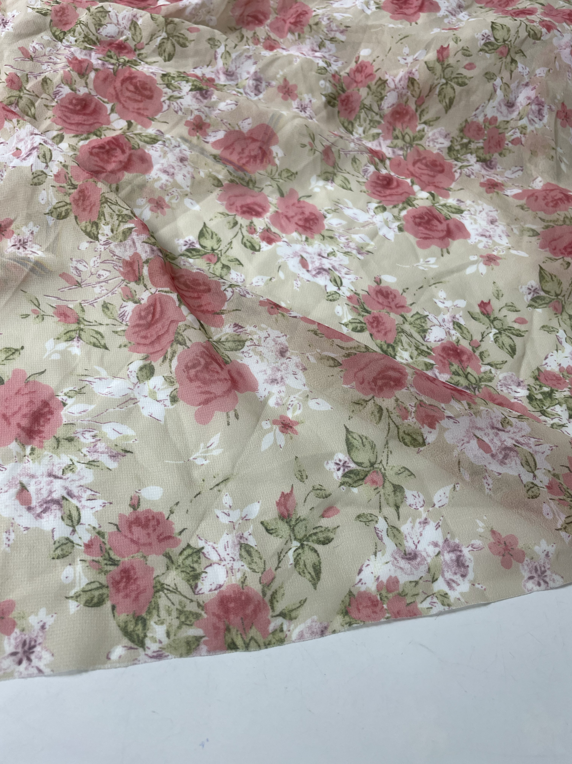 G651夏季粉绿色印花透光雪纺布头 柔软垂坠透气连衣裙上衣diy面料