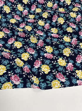 G77夏季蓝色底玫瑰花印花雪纺布头柔软垂坠透气连衣裙旗袍diy面料