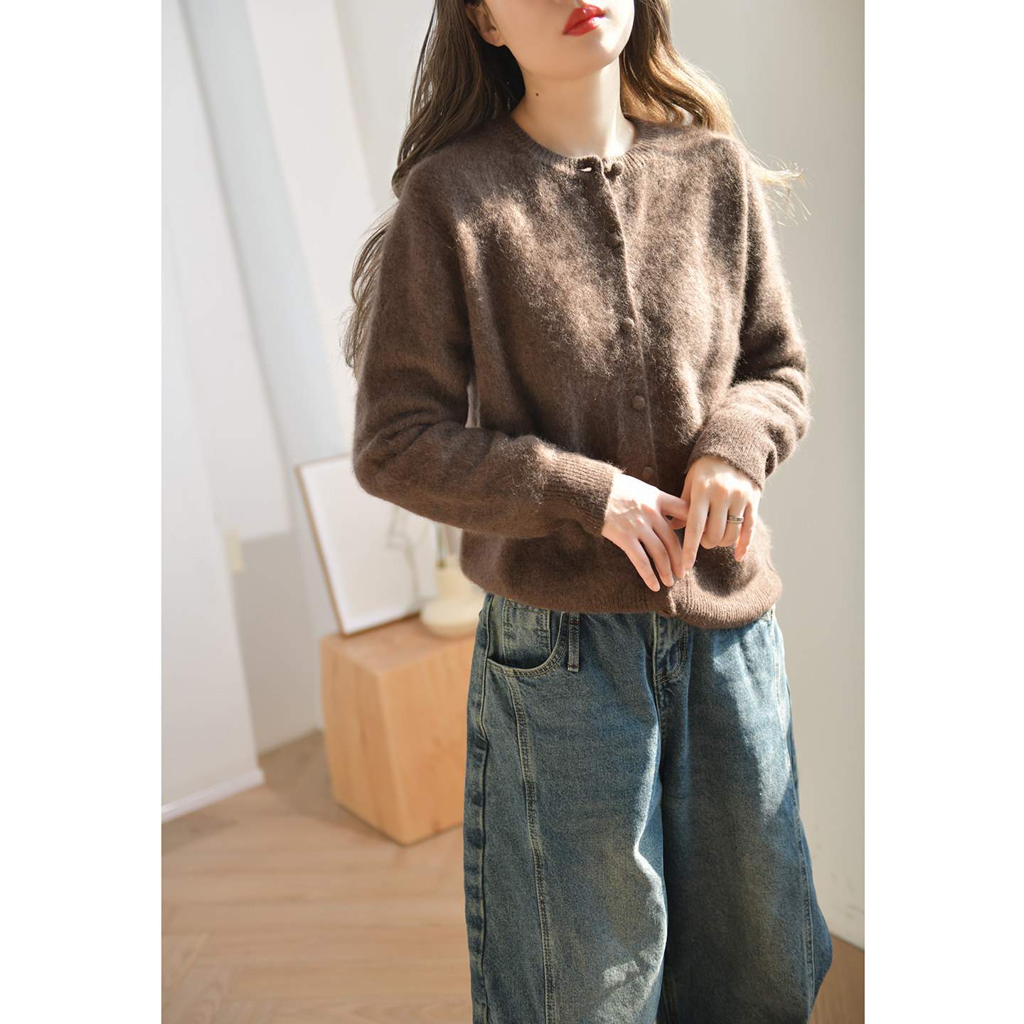 GESGOO秋冬拉绒感羊毛针织开衫女慵懒松弛单排扣圆领毛衣上衣显瘦,女装/女士精品,毛衣,淘宝优惠券,粉丝福利购,淘宝优惠卷