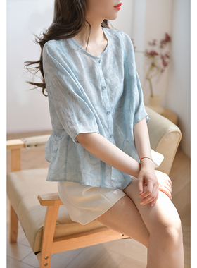 GESGOO今年流行蓝色系真丝麻衬衫女夏季提花上衣薄款法式文艺小衫