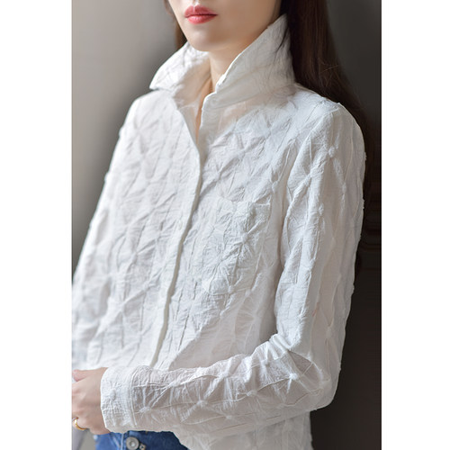 春季新款白色提花植绒女长袖衬衫