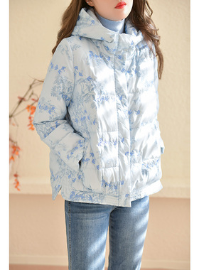 GESGOO时尚连帽蓝色羽绒服女秋冬2025新款绣花设计白鸭绒外套保暖