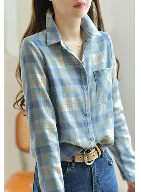 蓝色格子衬衫女长袖2024秋冬新款女装磨毛休闲衬衣气质加绒加厚款