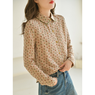 GESGOO雨露麻亚麻加绒衬衫女秋冬款内搭翻领衬衣法式复古碎花上衣