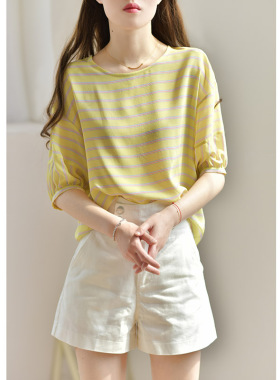 黄色条纹真丝衬衫女夏季2025新款别致上衣设计感桑蚕丝衬衣蝙蝠袖