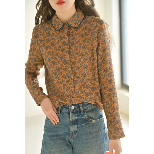 GESGOO腰果花设计加绒亚麻衬衫