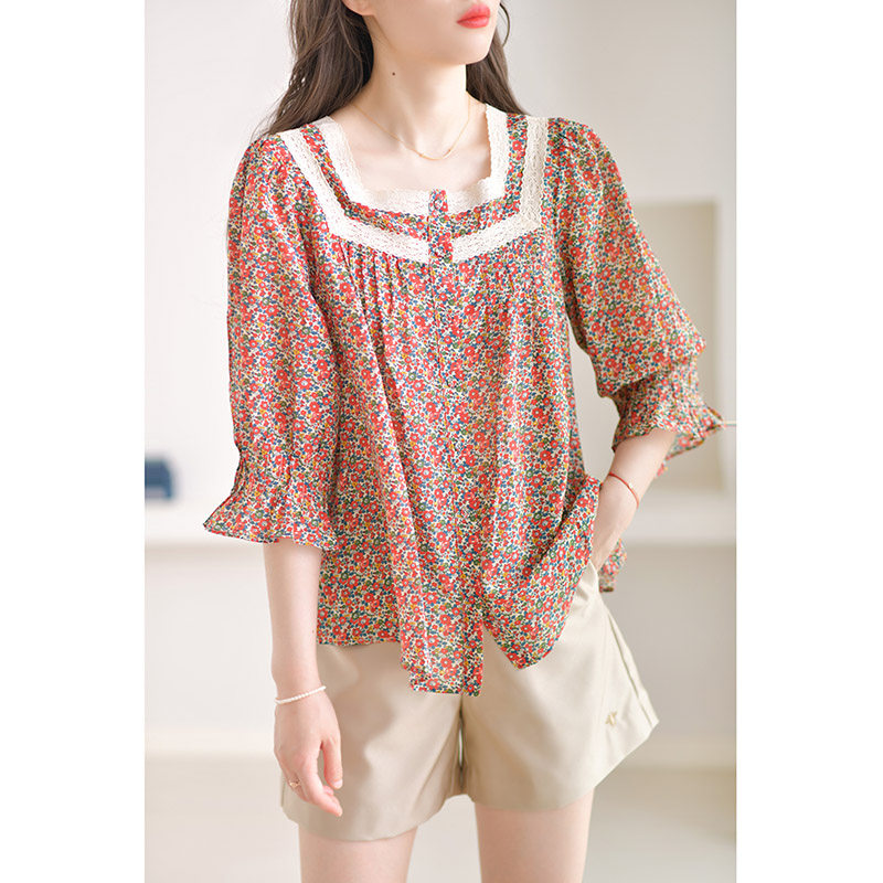 宽松甜美真丝丝棉衬衫夏季女法式碎花方领上衣拼接蕾丝复古娃娃衫