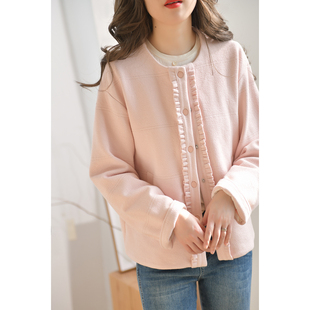 GESGOO原创设计木耳边粉色含棉外套保暖女春秋百搭宽松小个子上衣